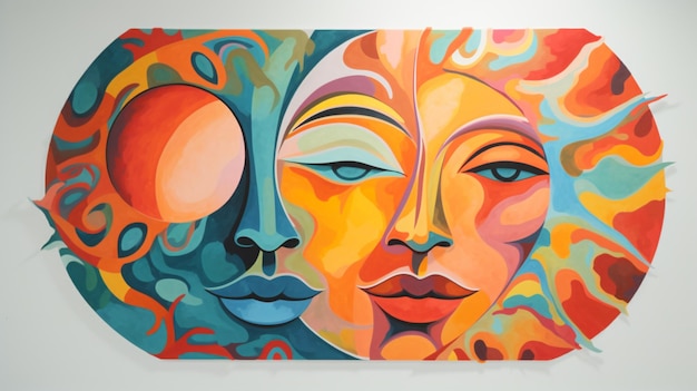 Una combinación de máscara pintura mural sol luna hermosa imagen Arte generado por Ai