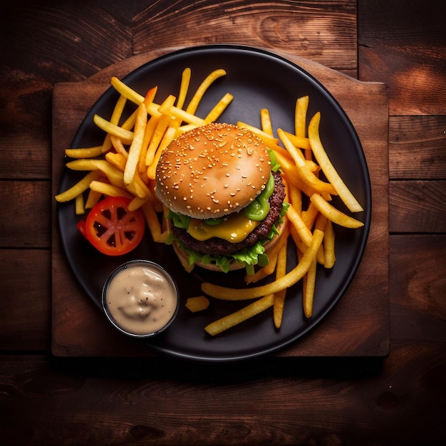 Una combinación de patatas fritas y hamburguesa vegetal