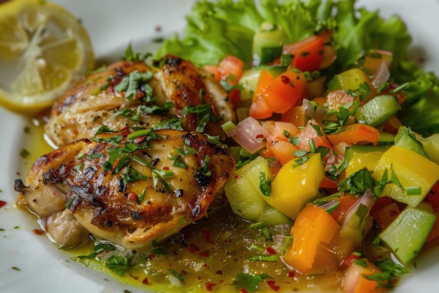 Foto combinación de pollo chaufa de estilo peruano con carne de cerdo y verduras