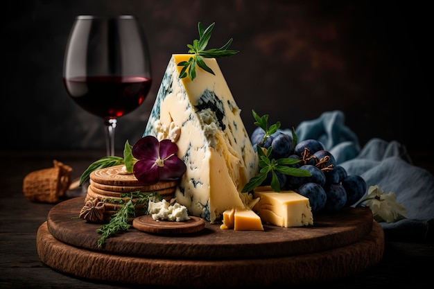Combinações perfeitas Uma variedade de queijos Uvas e vinho tinto em uma travessa