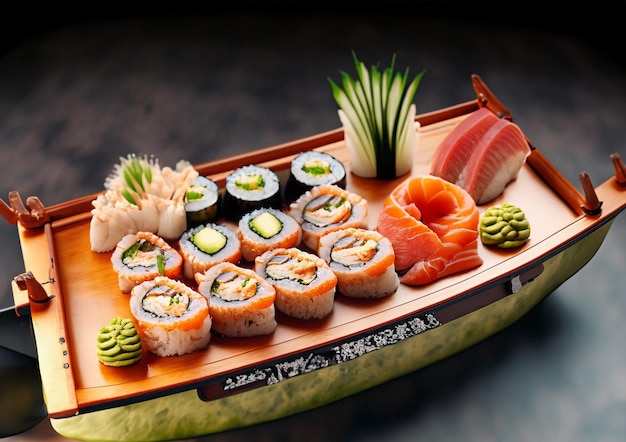 Foto combinado de sushi servido en barca sashimi oriental molho shoyo wasabi hashi gourmet