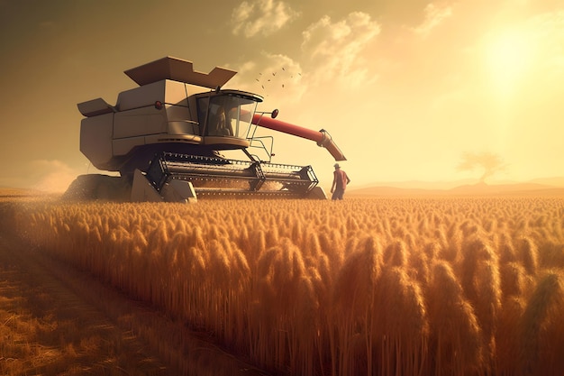 Combinadora trabalhando em um campo de trigo ao pôr-do-sol