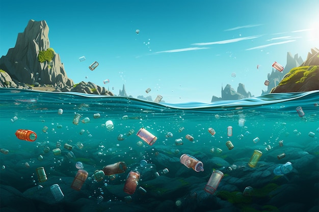 Combinando elementos abstratos, uma ilustração comovente destaca o oceano de plástico