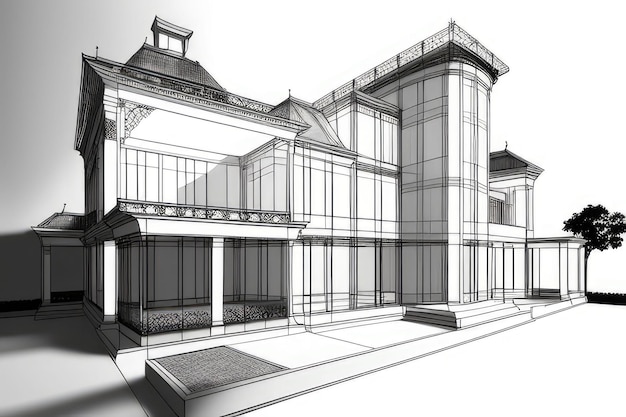 Combinando imágenes realistas contrastantes y de estructura alámbrica de una lujosa mansión