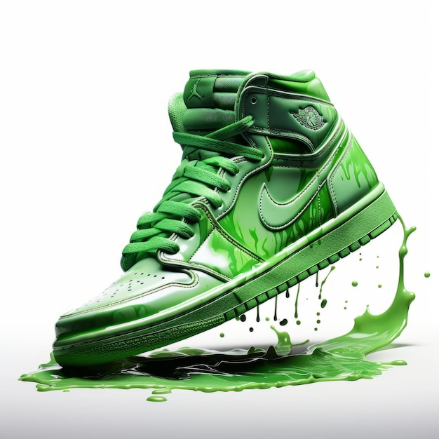 Combinando la naturaleza y la cultura de las zapatillas El Zesty AirJordan derritió zapatos verdes en un lienzo blanco limpio