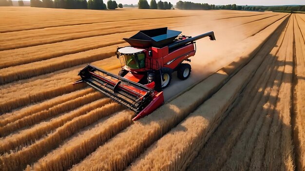 Combinar cosechadora en el campo de trigo perfecta vista de verano desde el drone volador de la cosecha de trigo en