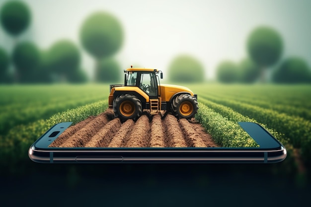 Combinar la cosechadora trabajando en un campo Tractor de concepto de agricultura inteligente en un teléfono inteligente Generado por IA