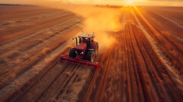 Combinar las cosechas de la cosechadora trigo maduro espigas maduras de campo en el atardecer fondo nublado cielo naranja