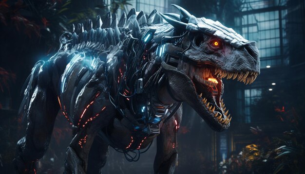 Combine características de dinossauro com melhorias cibernéticas como membros robóticos olhos brilhantes e armadura futurista