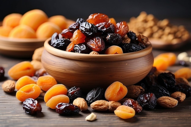Combine frutas secas datas ameixas damascos passas e nozes comida tradicional para o Ramadã