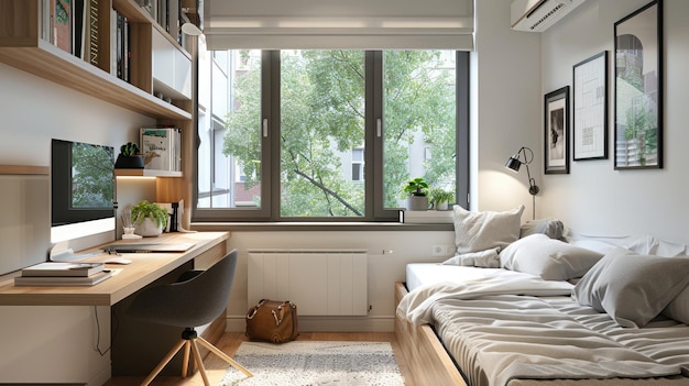 Foto combo acogedor y moderno de oficina y dormitorio con luz natural y decoración elegante