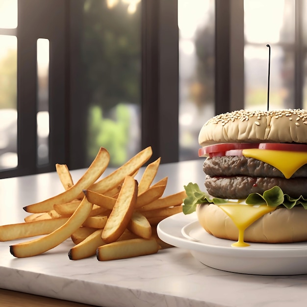 Un combo clásico de hamburguesa y papas fritas