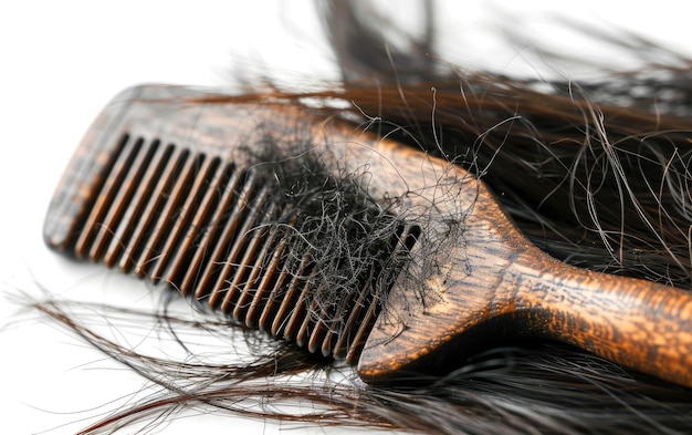 Foto combo vintage e perda de cabelo olho detalhado em fundo branco examinando um pente antigo e queda de cabelo