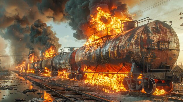 Comboio de mercadorias a arder no deserto ao pôr-do-sol Desastre industrial