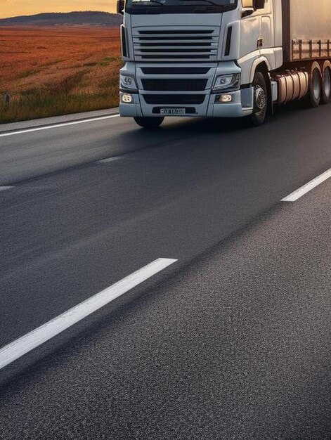 Comboio de seis caminhões de caminhão em linha em uma rodovia de país sob um belo céu