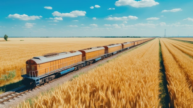 Comboio ferroviário com vagões durante o transporte de trigo e grãos close-up ao lado de