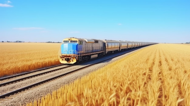 Comboio ferroviário com vagões durante o transporte de trigo e grãos de perto