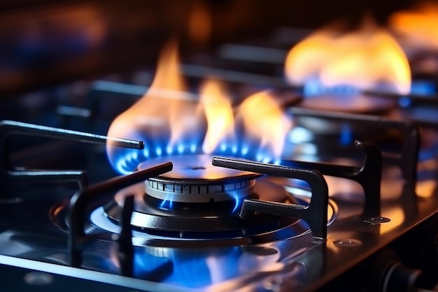 Foto combustão de gás de um fogão de gás de cozinha chama de gás azul no fogão de perto foco seletivo natural