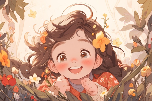 Começo da Ilustração do Festival da Primavera Ilustração da cena conceitual de uma menina rindo entre flores