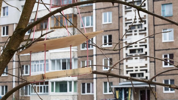 Comedero para pájaros de madera en invierno de cerca