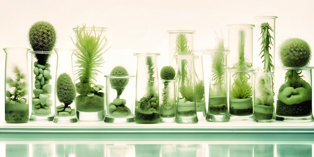 Comederos de laboratorio con varias plantas y microscopio.