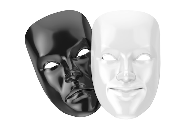 Comédia de sorriso branco e máscara de teatro grotesco de drama triste preto sobre um fundo branco. Renderização 3D