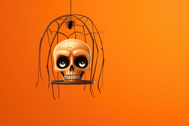 Comédia engraçada de Halloween desenhando um crânio pendurado em uma teia de aranha com fundo laranja