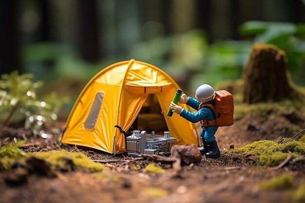 Comedia en el intento divertido de Wilderness Hiker de montar una tienda de campaña de juguete