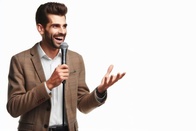 Foto comediante de stand-up contando piadas em um fundo branco