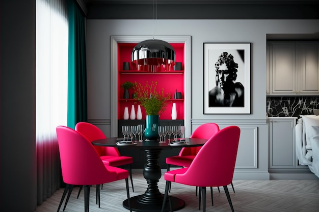 Comedor con acento de color Viva magenta 2023