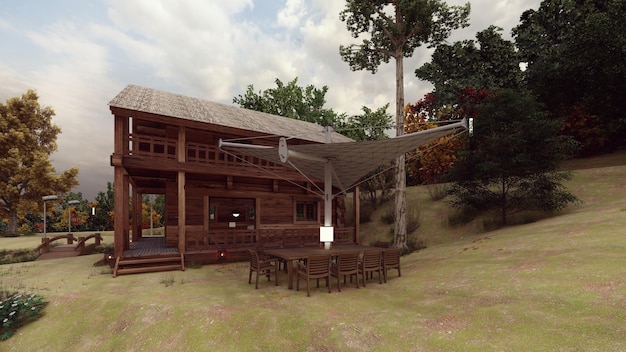 Comedor al aire libre con techo de carpa casa de madera y árboles como fondo 3d ilustración