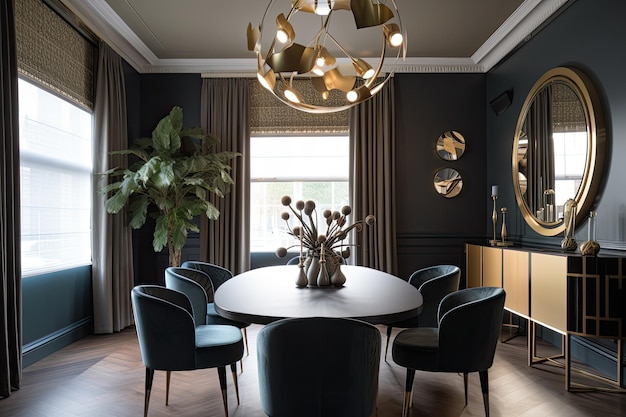 Comedor art déco con muebles elegantes e iluminación moderna