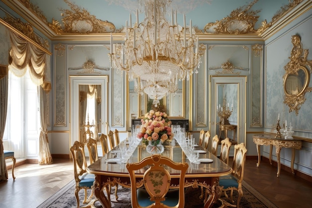 Comedor barroco con candelabro ornamentado y detalles dorados