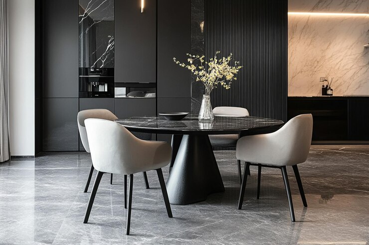 un comedor blanco y negro con una mesa redonda y sillas