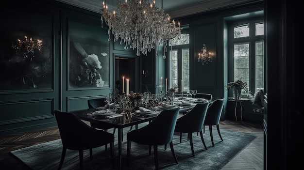 Un comedor con un candelabro y un candelabro que dice 'la habitación está oscura'