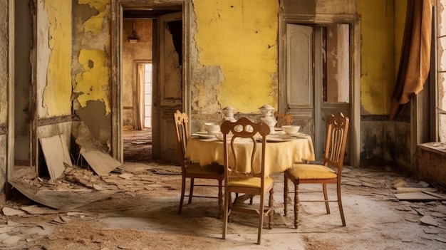 Un comedor en una casa abandonada con mantel amarillo y mantel amarillo.