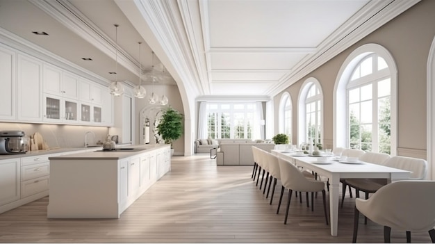 Comedor de cocina blanco con ventanas y sala de estar combinados en un lujoso diseño interior utilizando IA generativa