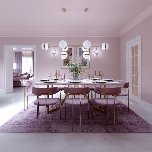 Comedor de color lila en estilo art deco de moda con muebles modernos, mesa servida y sillas. Representación 3D.