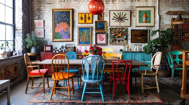 Foto un comedor colorido y ecléctico con una gran mesa de madera sillas no coincidentes y una variedad de obras de arte en las paredes