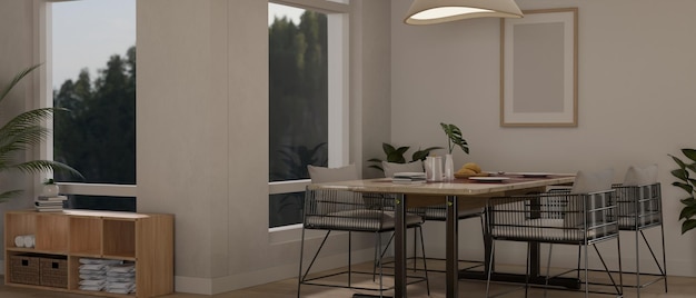 Comedor contemporáneo moderno con mesa de comedor cerca de la ventana