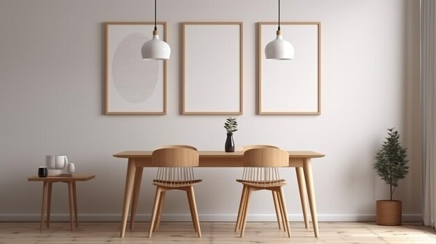 Un comedor con cuadros en la pared y una mesa de madera con sillas.