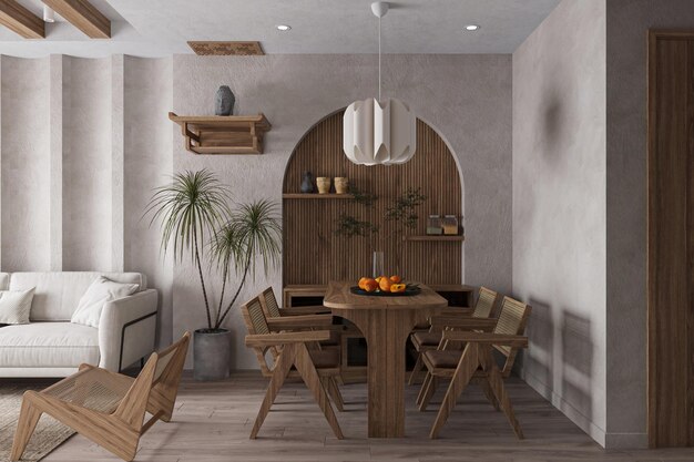 El comedor cuenta con un interior elegante con una mesa de madera de hermoso diseño