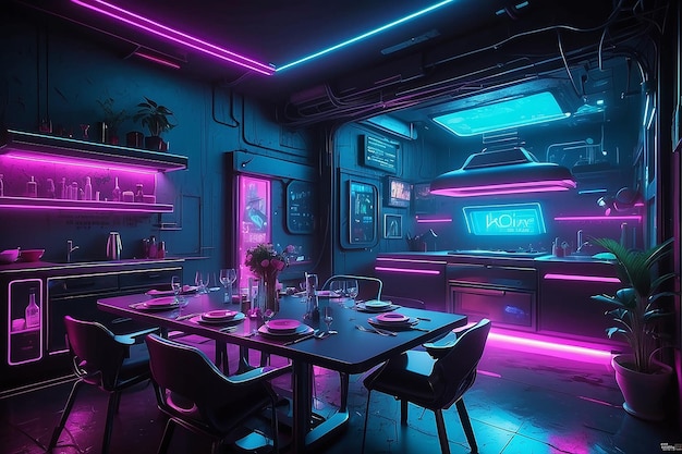 El comedor cyberpunk, las vibraciones de alta tecnología y la estética de neón