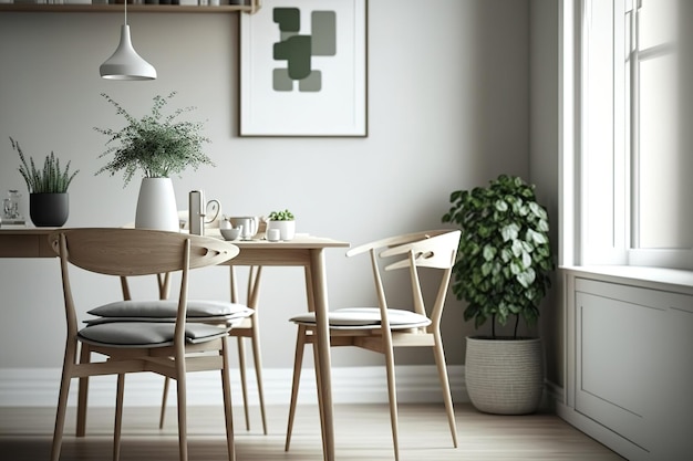 Comedor de diseño escandinavo con sillas de madera y una mesa Diseño para un comedor minimalista