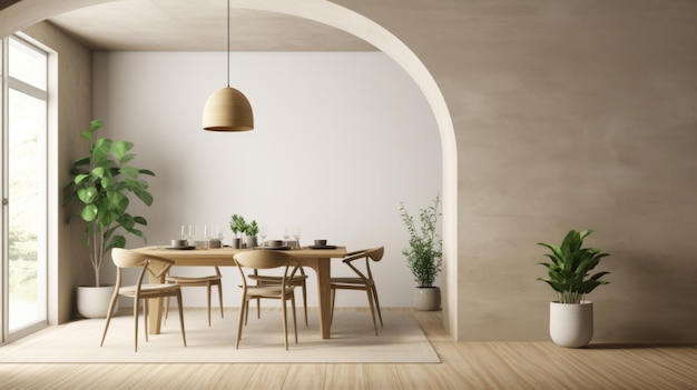 Comedor de diseño interior moderno con paredes y muebles de color beige.