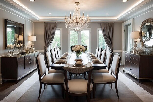 Foto comedor elegante con una lámpara de araña y una mesa formal