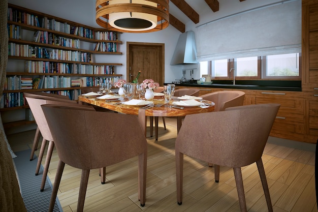 Comedor estilo loft con estantería