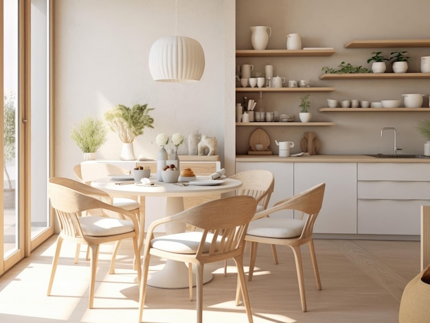 Comedor estilo madera con mesa y sillas y luces colgantes en tonos blancos y beige en la habitación IA generativa