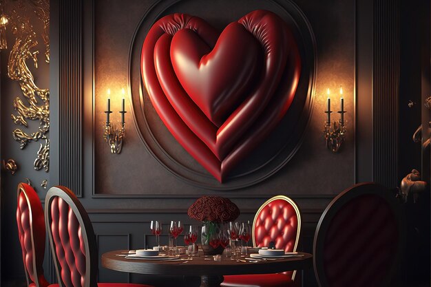 Un comedor con un gran corazón rojo en la pared.