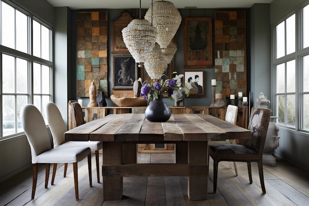 Comedor con una gran mesa de madera recuperada, sillas que no combinan y un candelabro llamativo